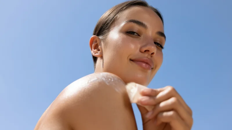 Young woman applying sunscreen to her shoulder outdoors under blue sky