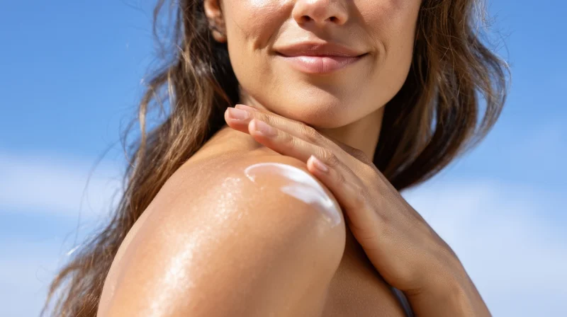 Young woman applying sunscreen to her shoulder outdoors under clear blue sky
