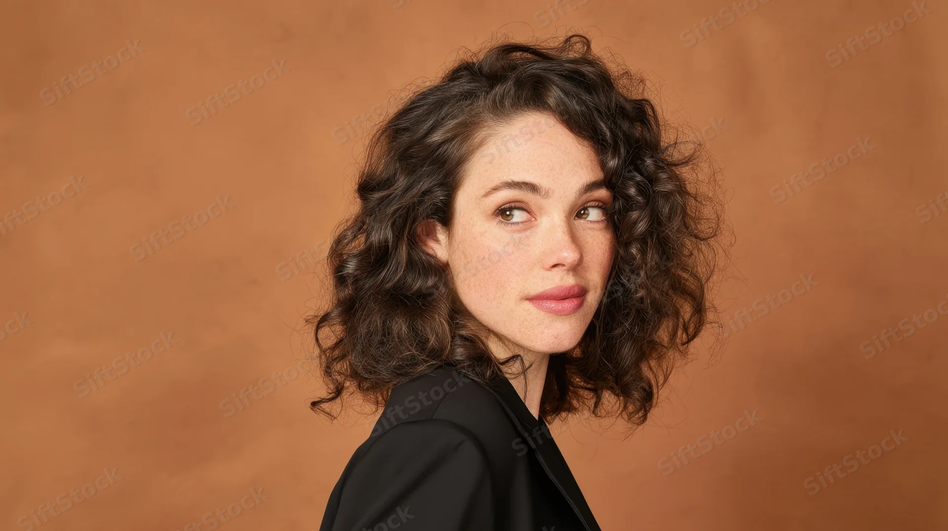 Young woman with curly brown hair in black blazer turning head in studio portrait against terracotta background