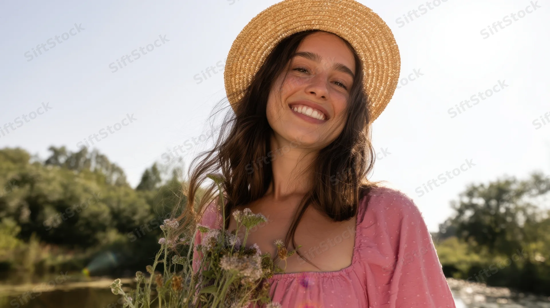 Young woman smiling outdoors in a straw hat holding wildflowers near a river