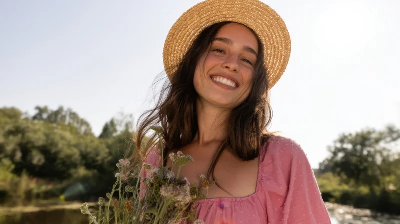 Young woman smiling outdoors in a straw hat holding wildflowers near a river