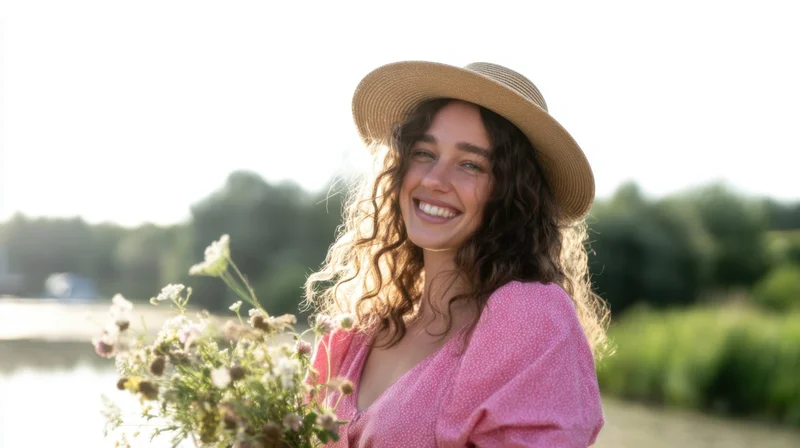 Young woman smiling while holding a bouquet of wildflowers in a sunlit field near a river
