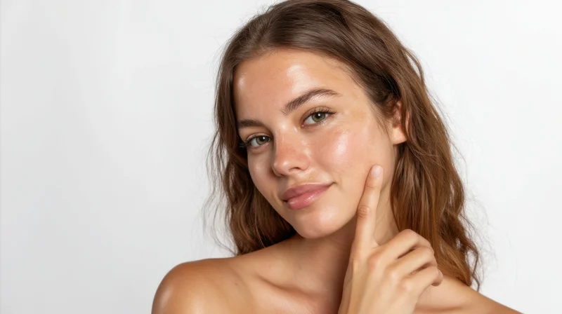 Young woman touching her face with finger, studio portrait against white background