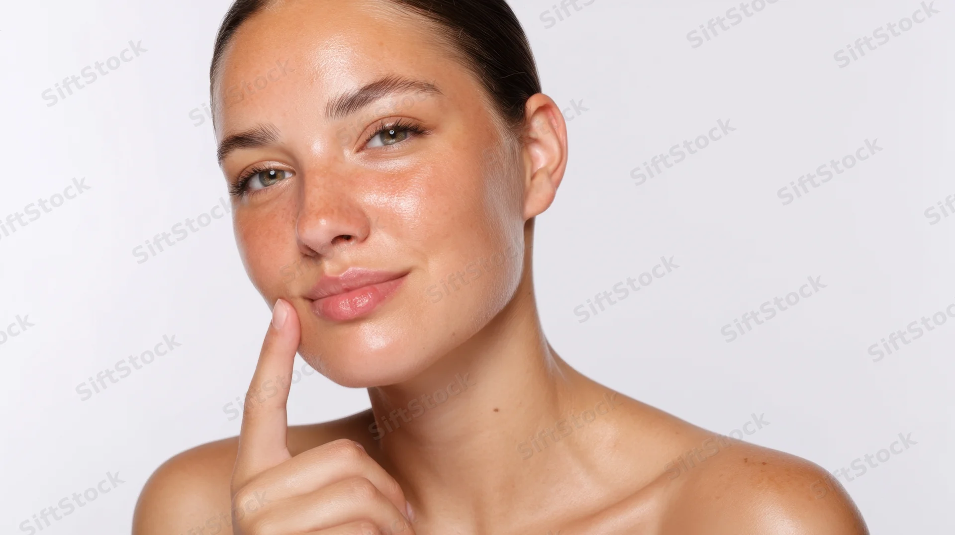 Young woman touching her chin with finger, close-up portrait against white background