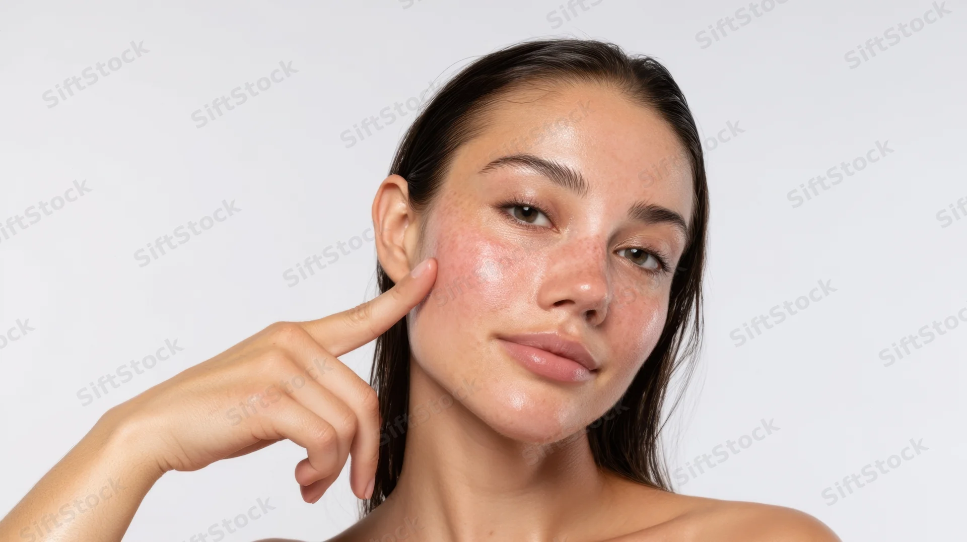 Young woman touching her cheek to show glowing skin in studio portrait