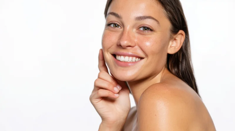 Young woman smiling with hand on cheek against white background