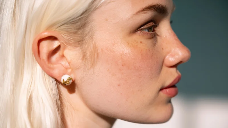 Young woman in profile with blonde hair and gold earring, close-up view of face and skin texture