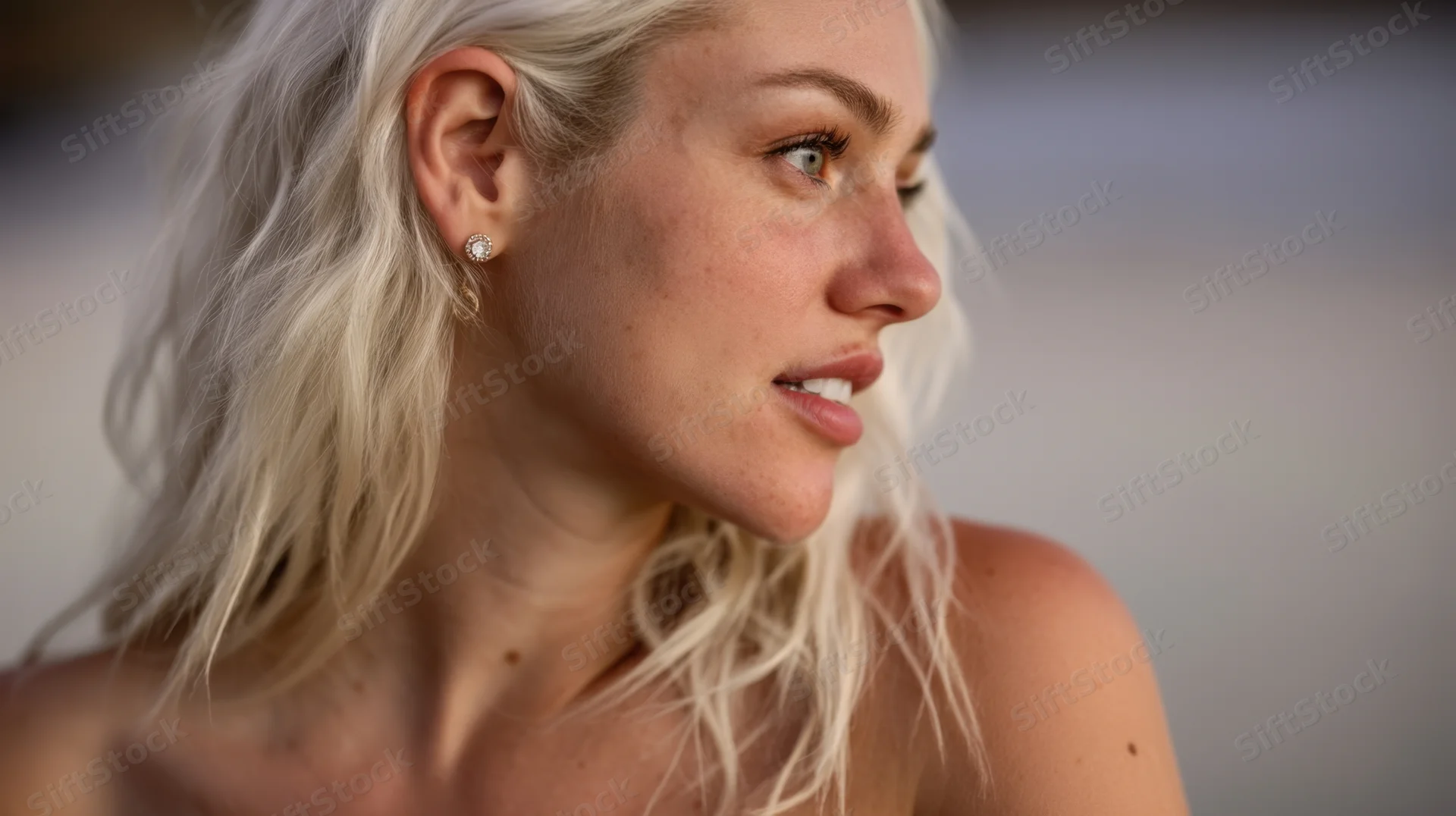 Young blonde woman in profile with freckles and diamond earring, outdoors in soft sunlight