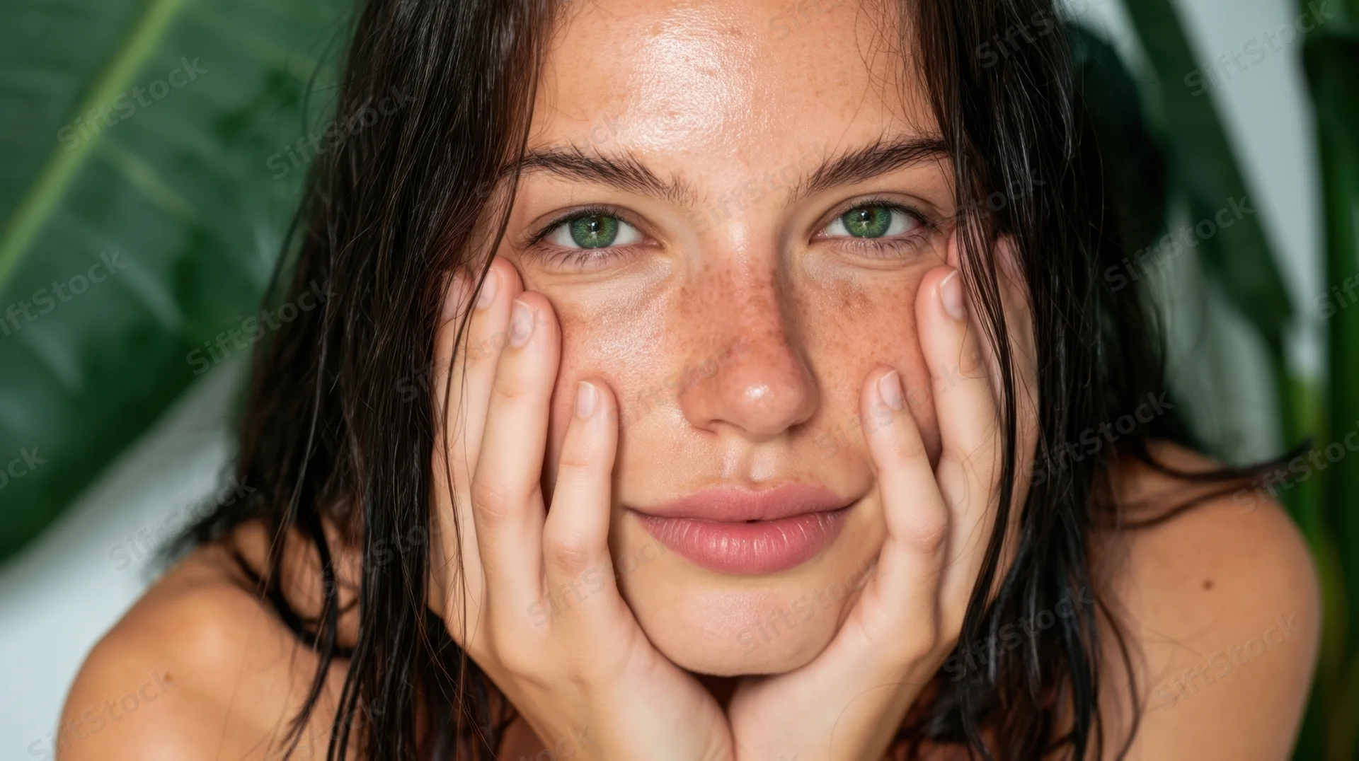 Young woman with hands on cheeks, wet dark hair, green eyes, freckled skin, soft indoor lighting, large leaf in background