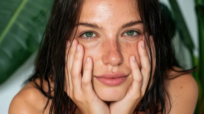 Young woman with hands on cheeks, wet dark hair, green eyes, freckled skin, soft indoor lighting, large leaf in background
