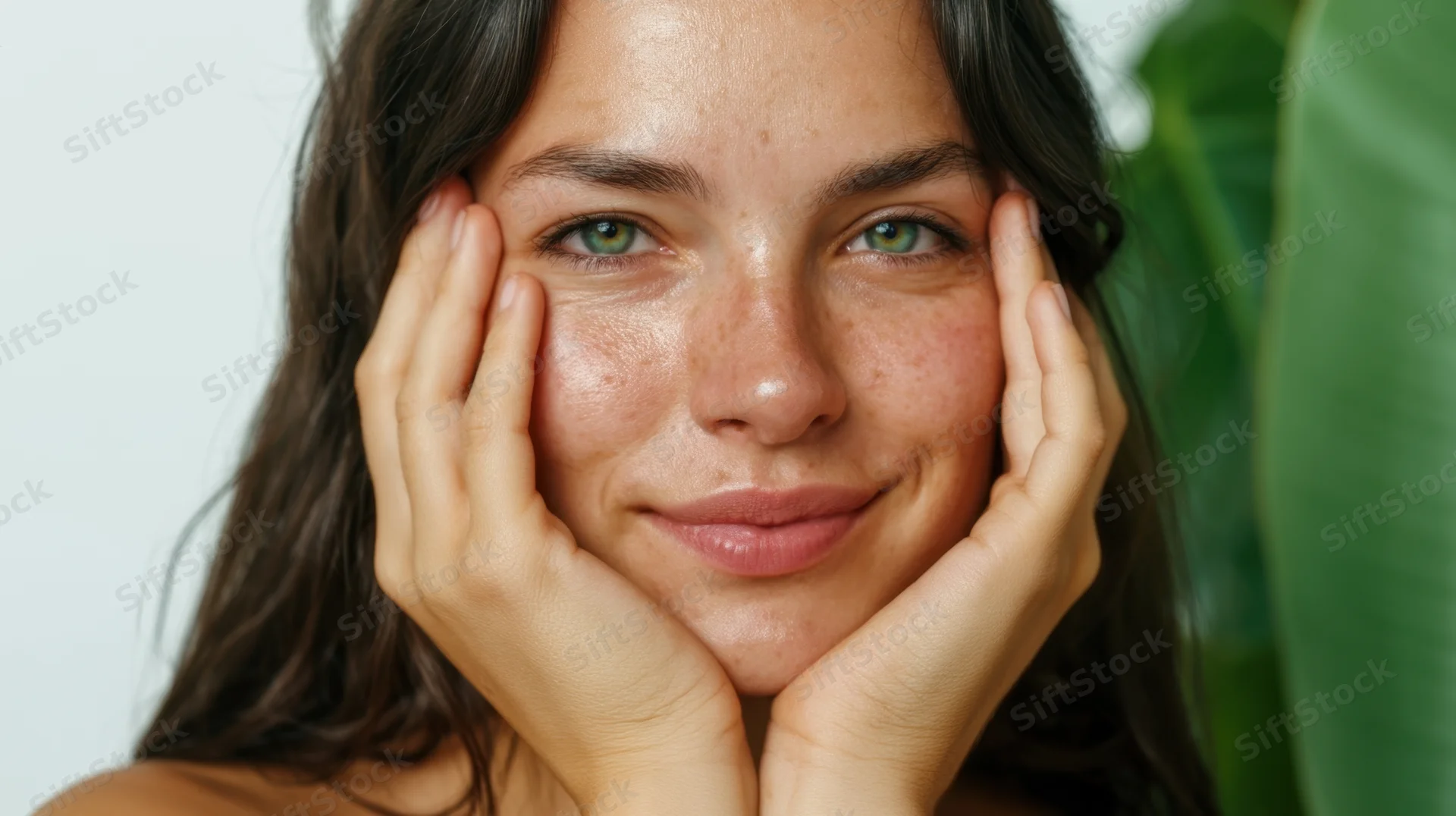 Young woman smiling with hands on cheeks, green plant beside her