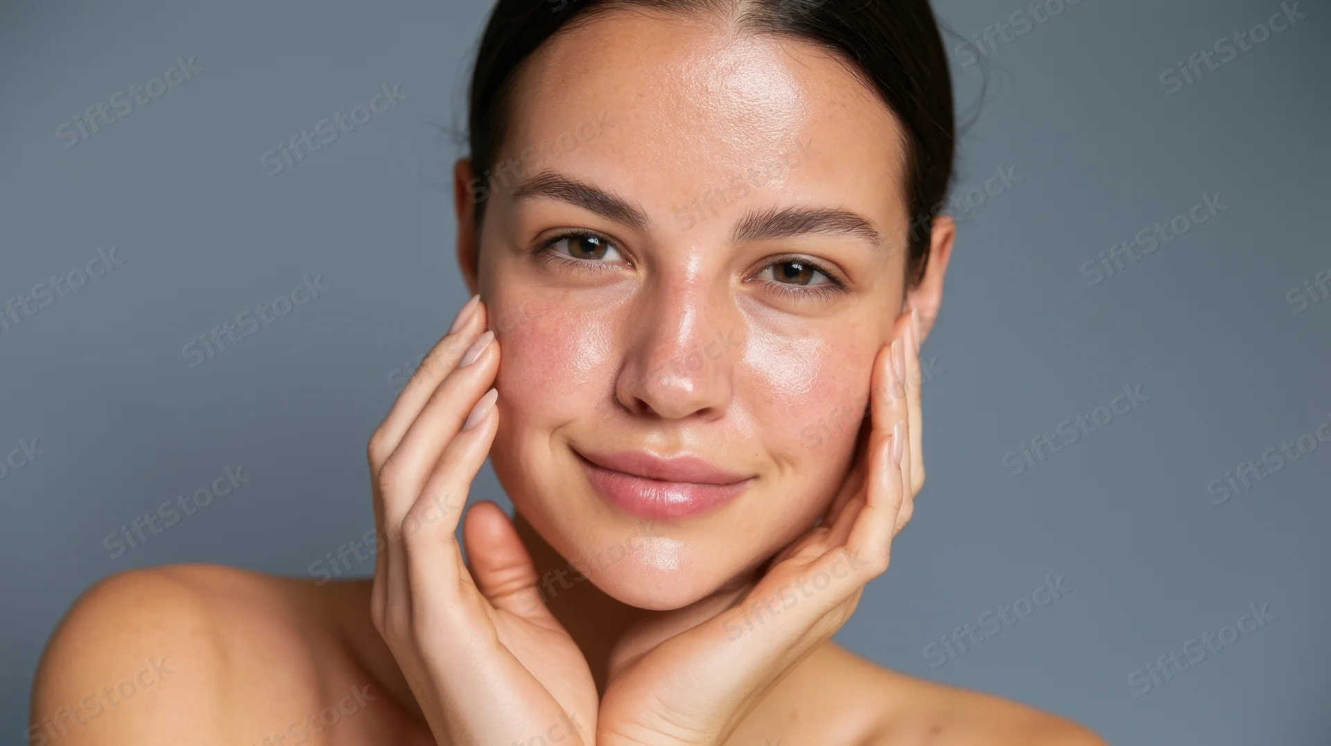Young woman touching her face with hands, showing clear glowing skin in studio portrait