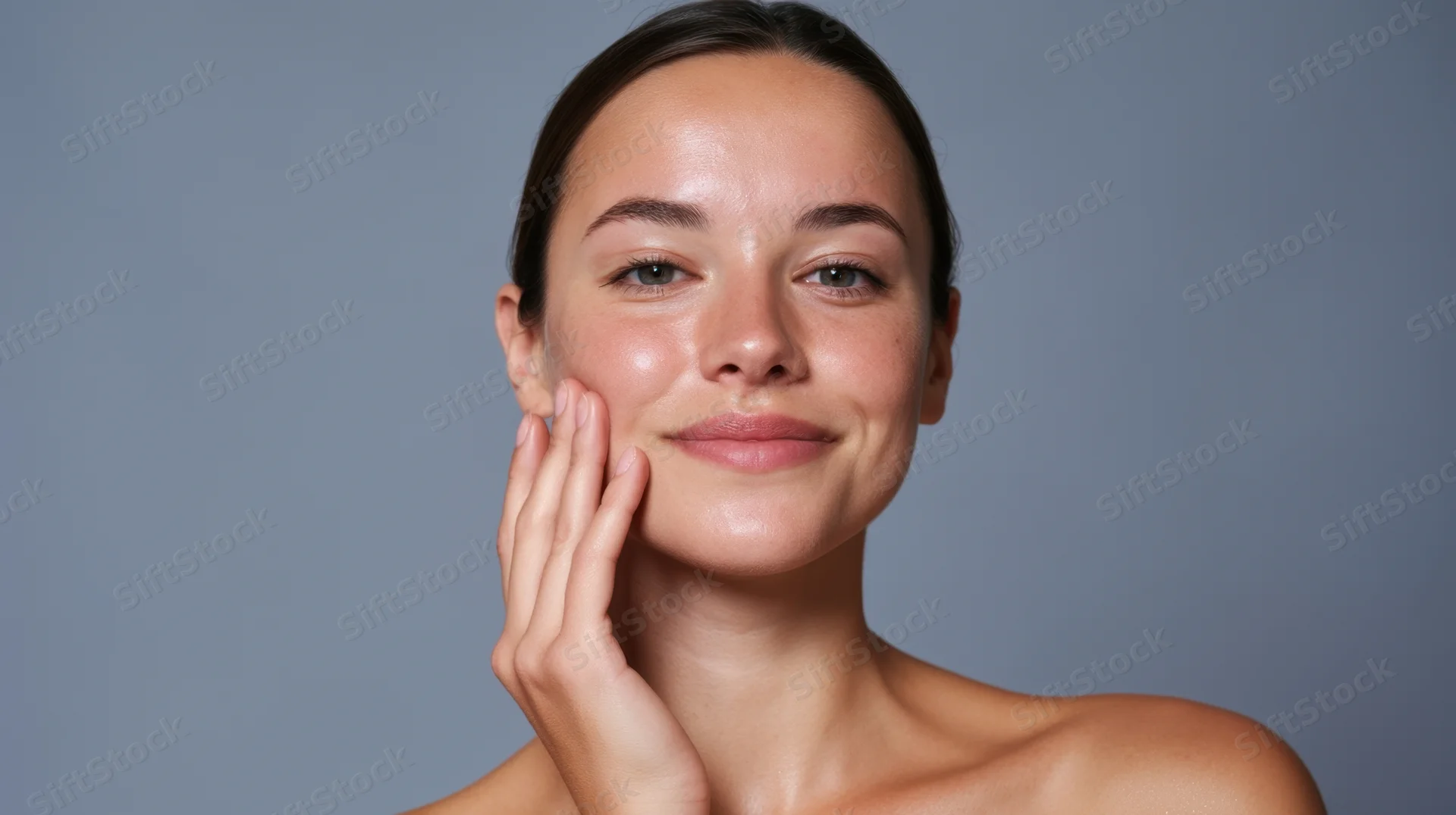 Young woman touching her face with hand, showing smooth skin in studio portrait