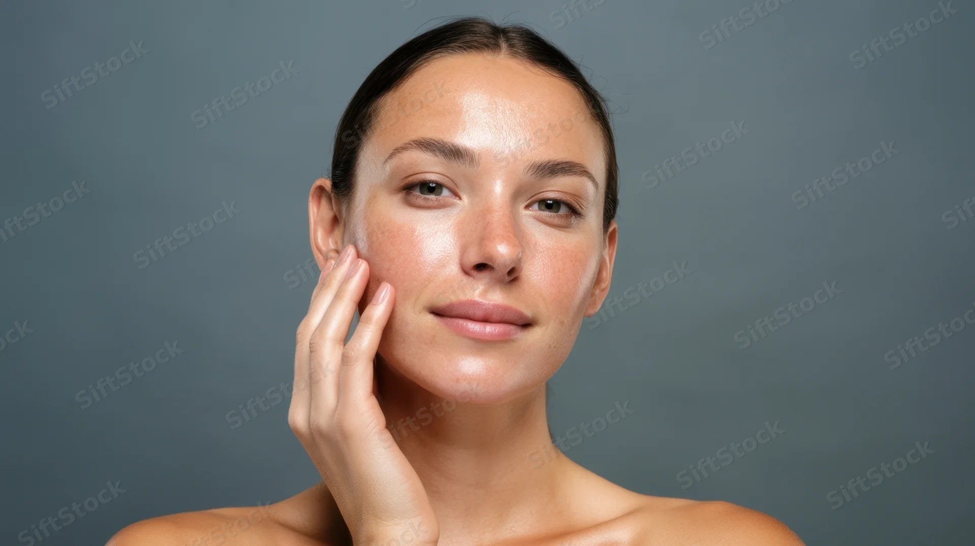 Young woman touching her cheek with hand in studio portrait