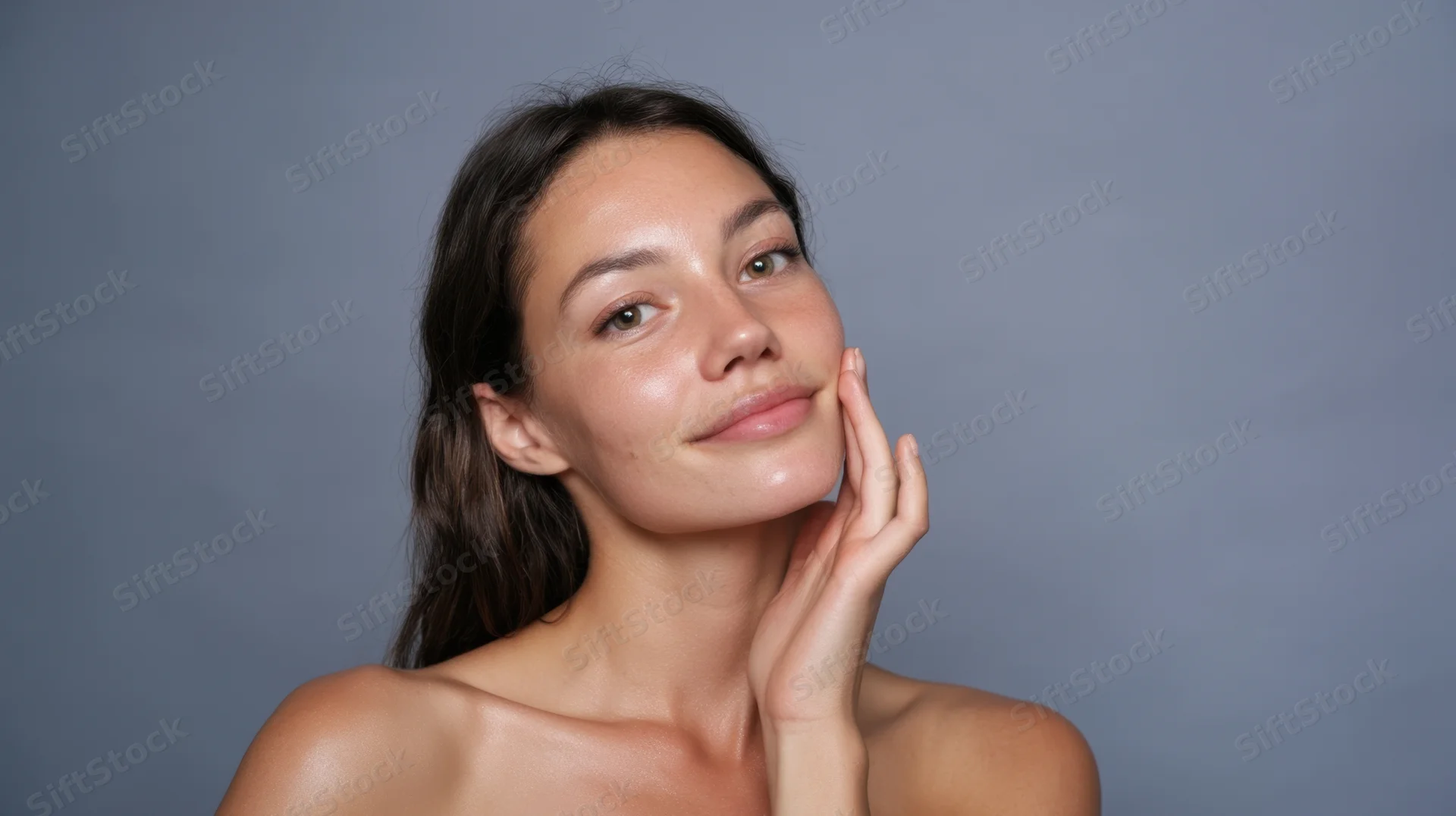 Young woman touching her cheek with hand, soft studio portrait, bare shoulders, natural skin glow