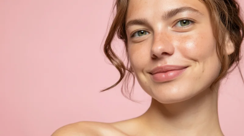 Young woman smiling with natural glowing skin against pink background
