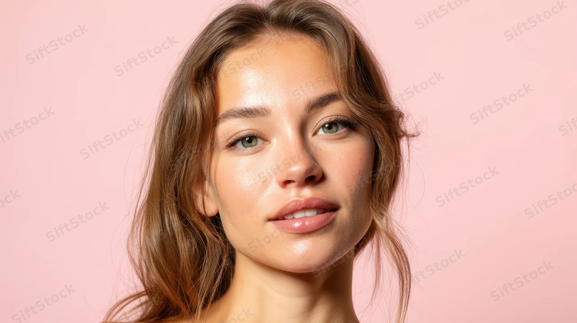 Young woman with glowing skin and brown hair posing in studio against pink background