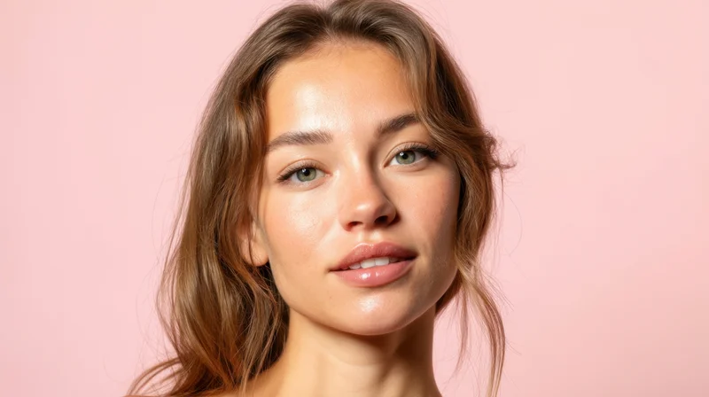 Young woman with glowing skin and brown hair posing in studio against pink background