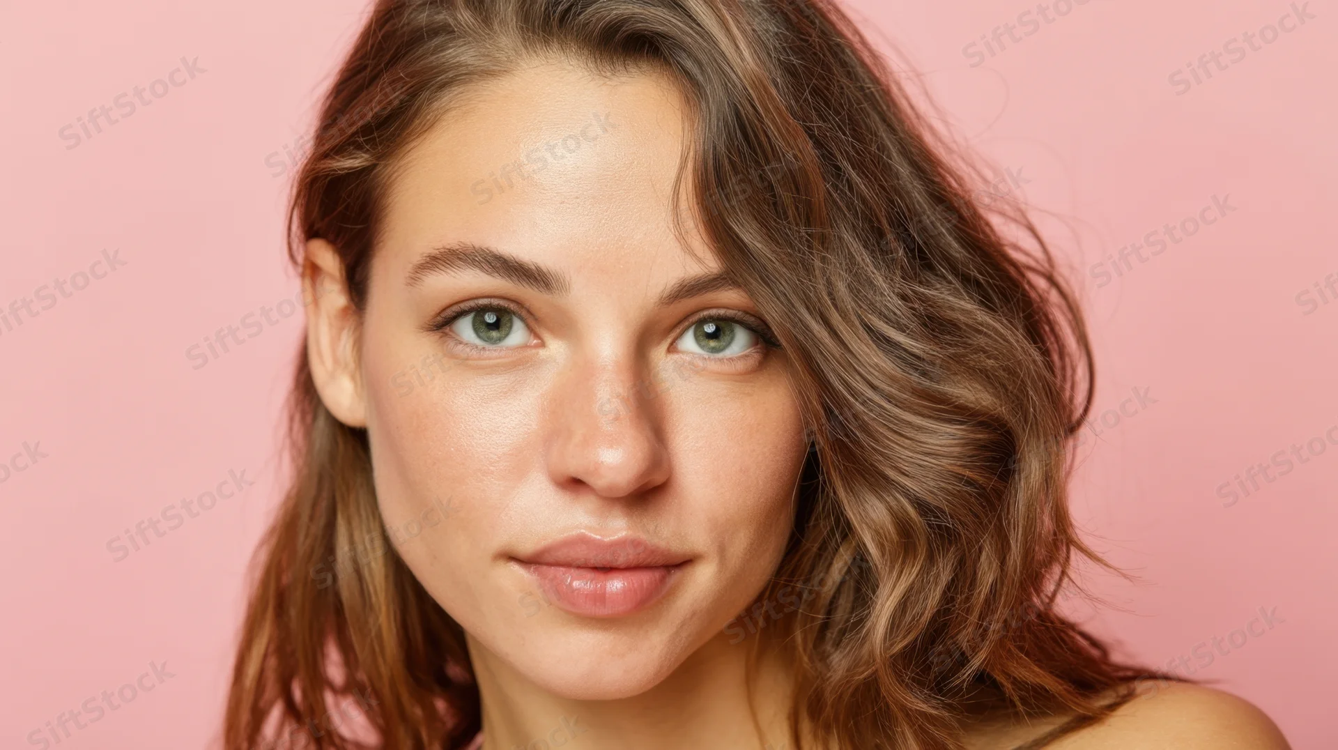 Young woman with wavy brown hair and green eyes looking at camera against pink background