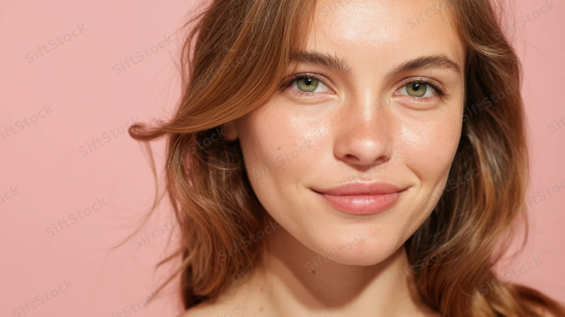 Young woman smiling with natural glowing skin against pink background