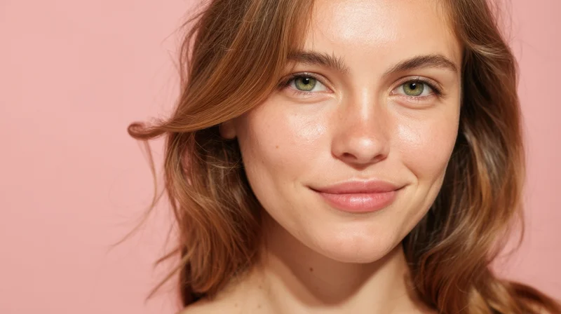 Young woman smiling with natural glowing skin against pink background