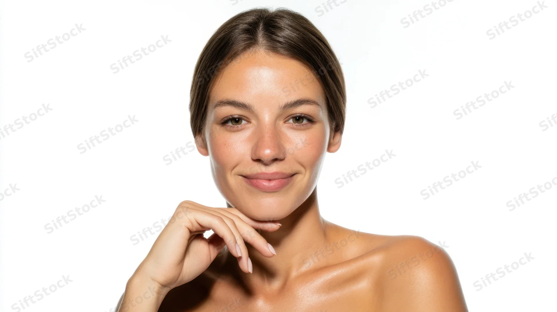 Young woman with clear skin touching her chin in studio portrait