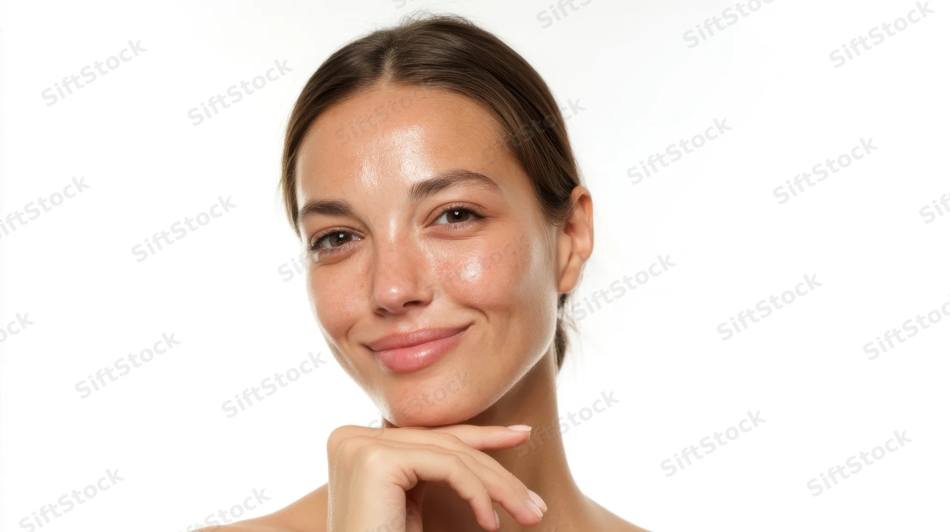 Young woman smiling with hand under chin against white background