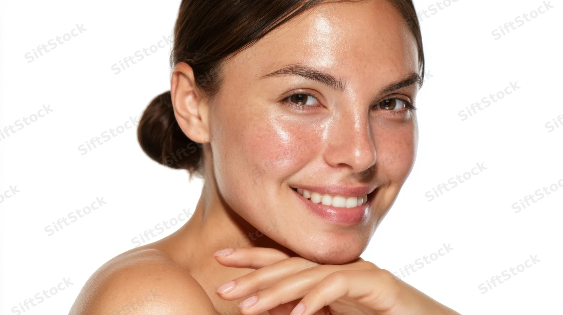 Young woman smiling with hand on neck against white background