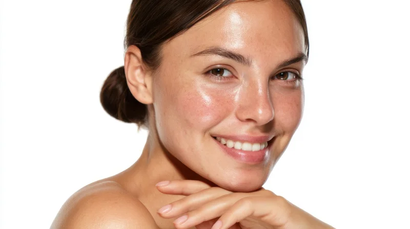 Young woman smiling with hand on neck against white background