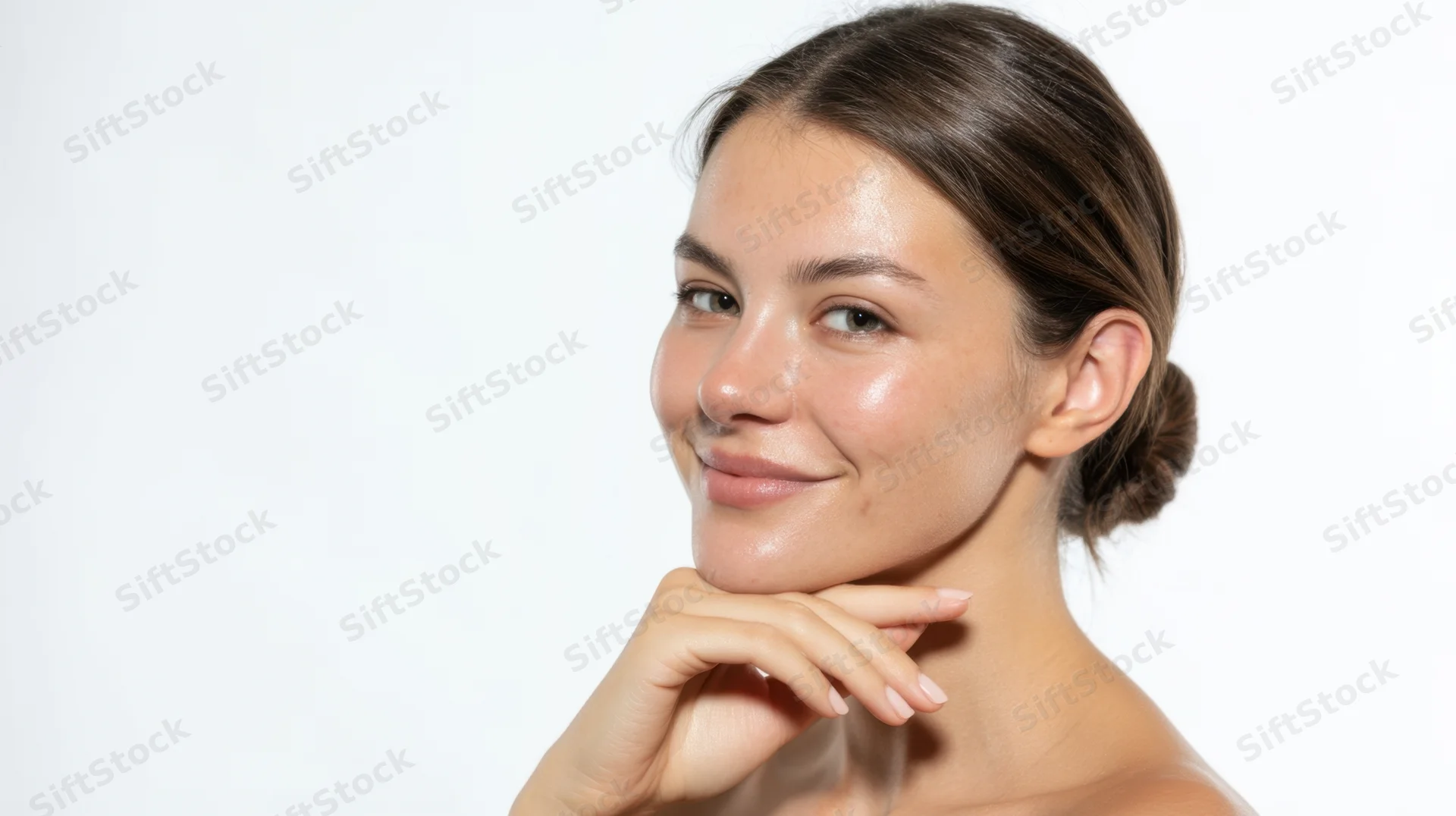 Young woman smiling with hand on chin in studio portrait