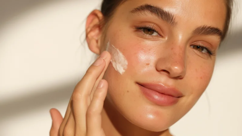 Young woman applying cream to her face in closeup view
