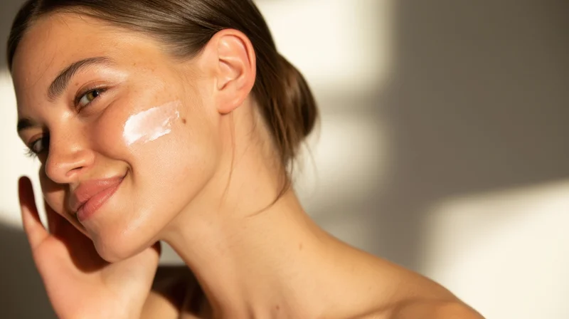 Young woman applying cream to her cheek in soft light