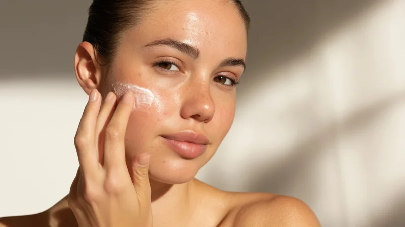 Young woman applying cream to her face in soft light