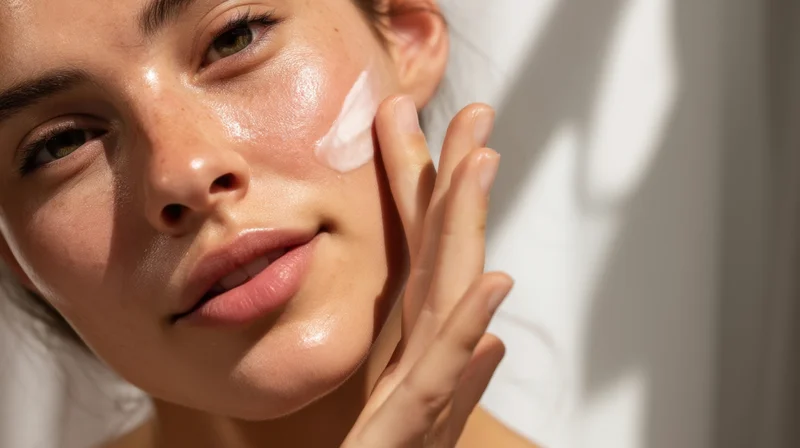 Young woman applying moisturizer to her face in natural light