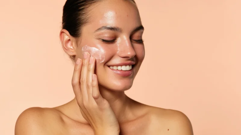 Young woman applying cream to her face against a peach background