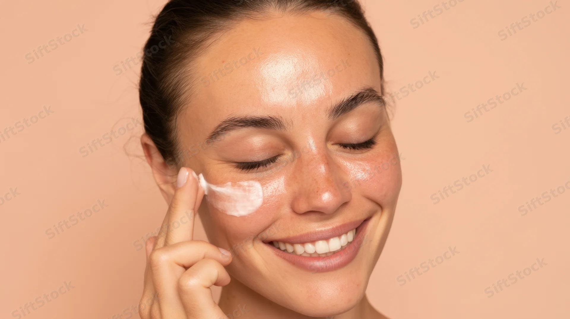 Young woman applying cream to her face with a smile