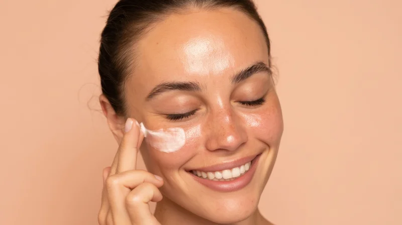 Young woman applying cream to her face with a smile