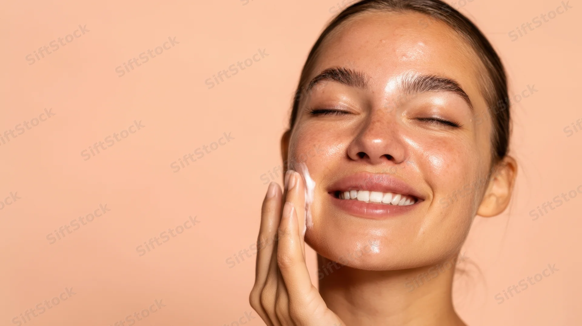 Young woman applying cream to her face against a peach background