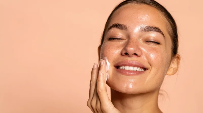 Young woman applying cream to her face against a peach background