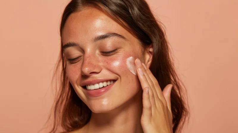 Young woman applying cream to her face against a peach background