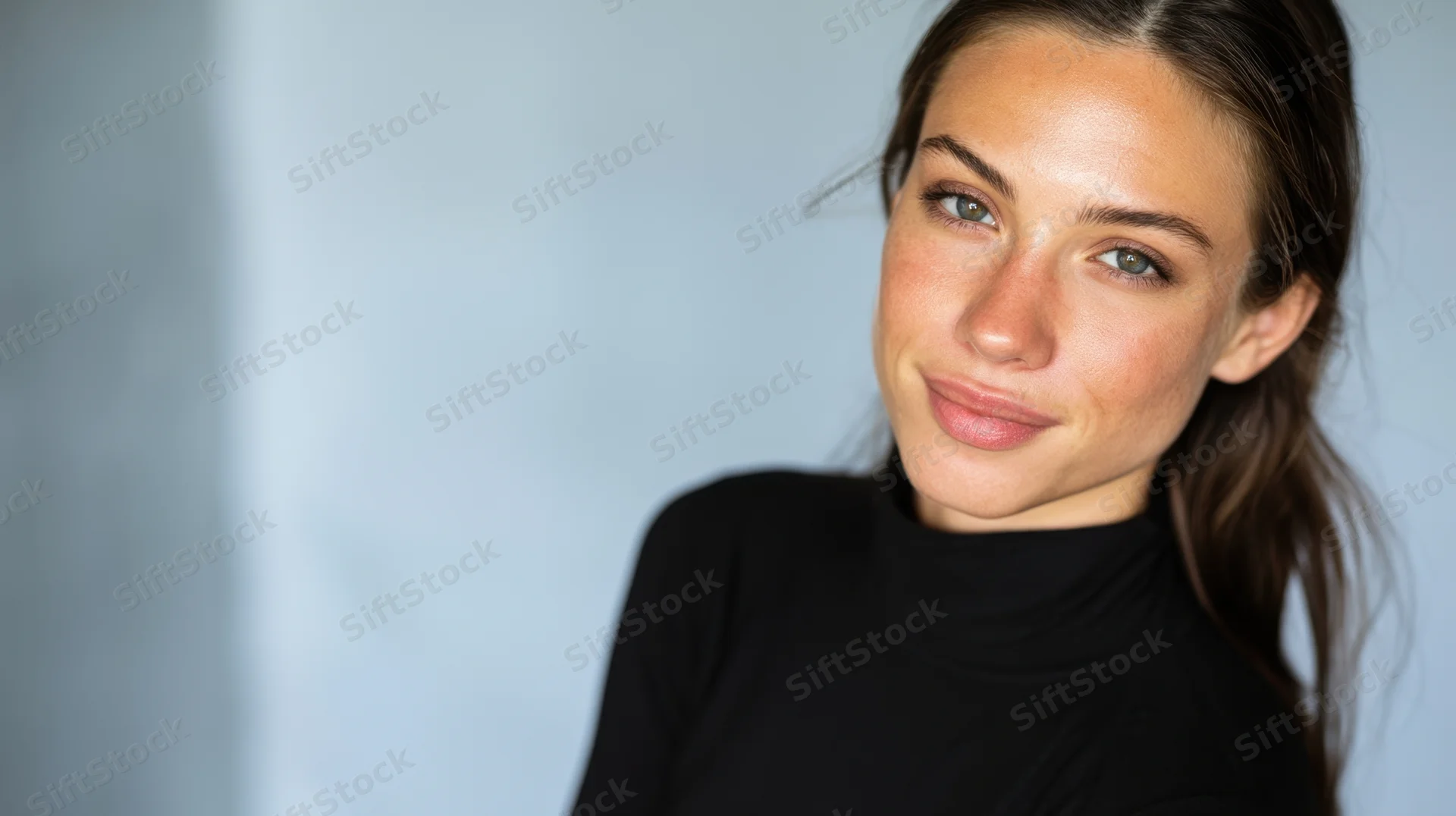Young woman smiling in a black turtleneck against a soft blue background
