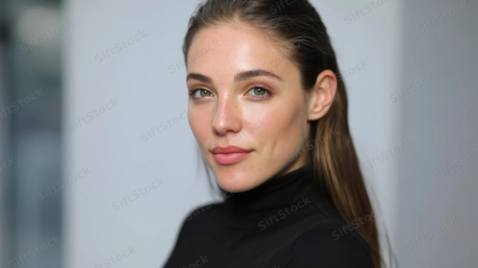 Young woman with brown hair in ponytail wearing black turtleneck, looking at camera with soft expression in studio setting