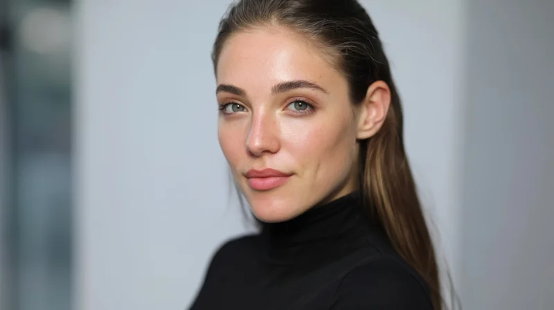 Young woman with brown hair in ponytail wearing black turtleneck, looking at camera with soft expression in studio setting