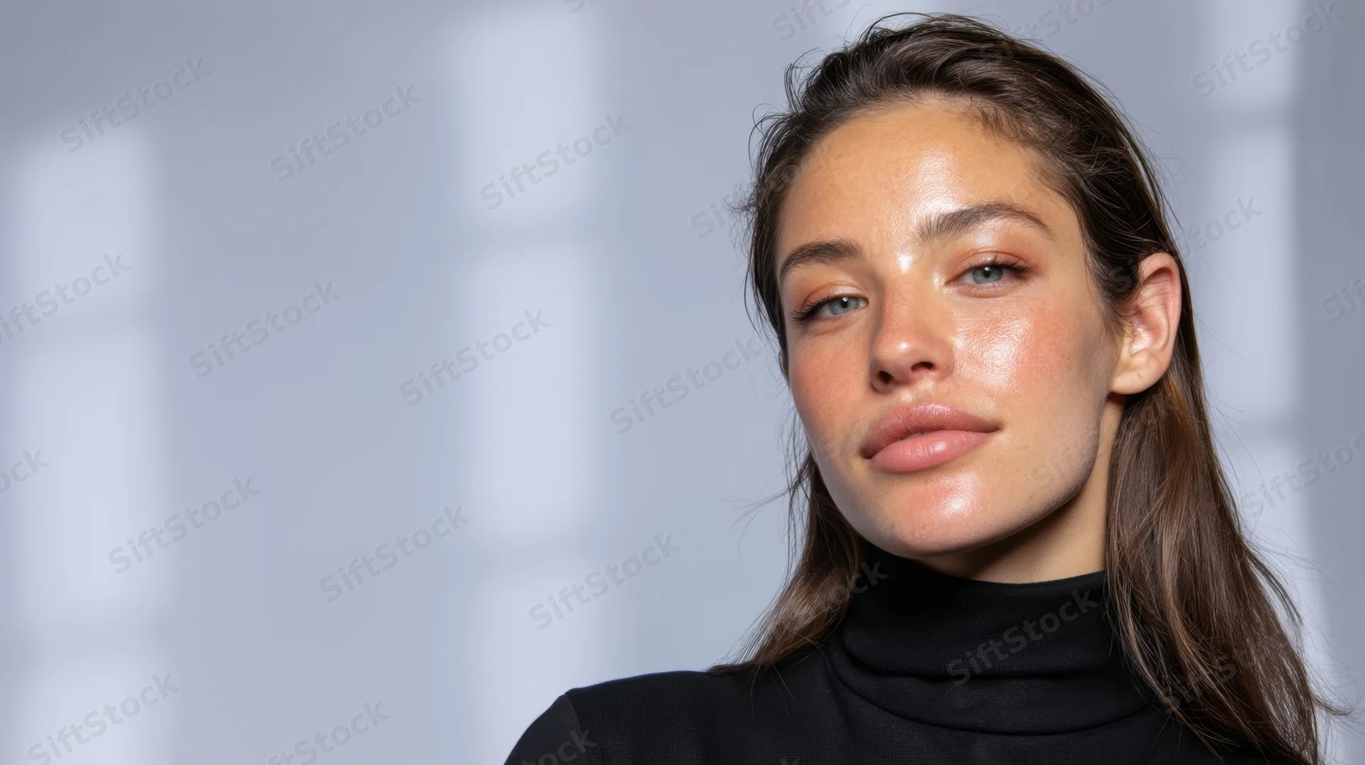 Young woman with glowing skin in black turtleneck against soft gray background