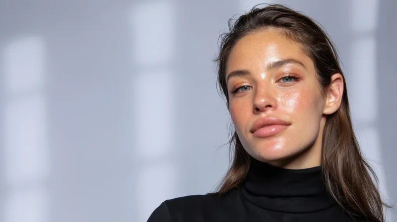 Young woman with glowing skin in black turtleneck against soft gray background