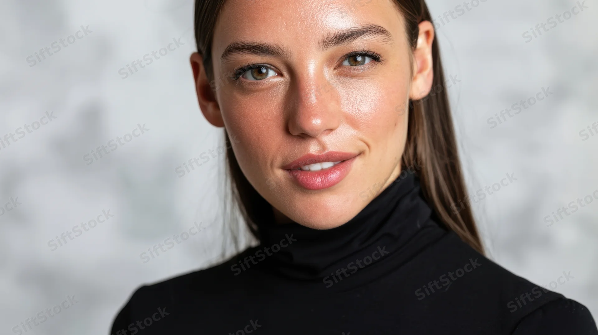 Young woman in black turtleneck looking at camera with subtle smile in studio setting