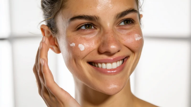 Young woman applying moisturizer to her face, smiling, in a bright indoor setting