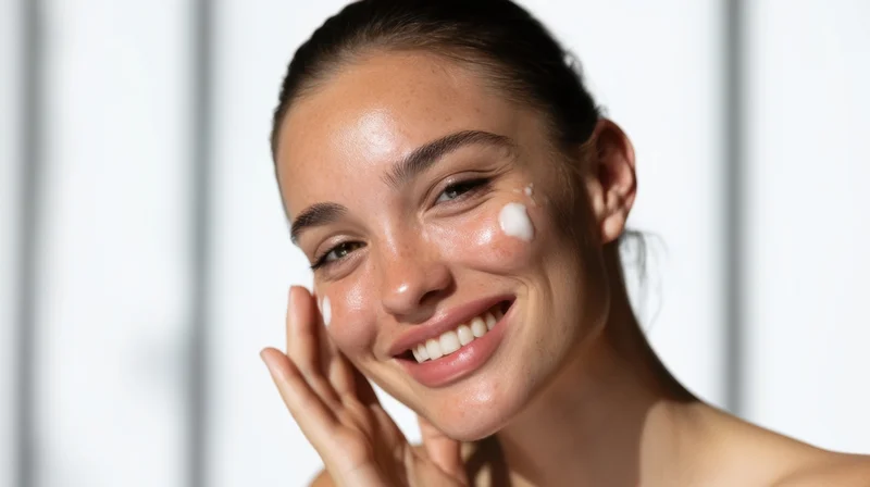 Young woman smiling while applying cream to her face in a studio setting