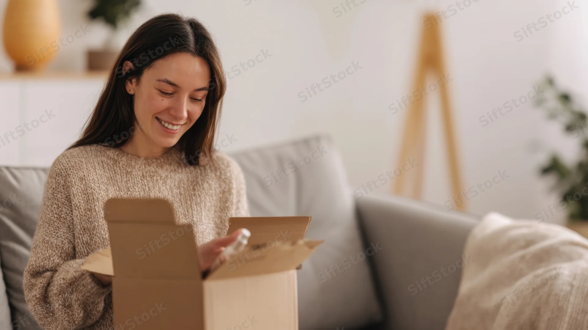 Young woman smiling while unboxing a package on a couch in a living room