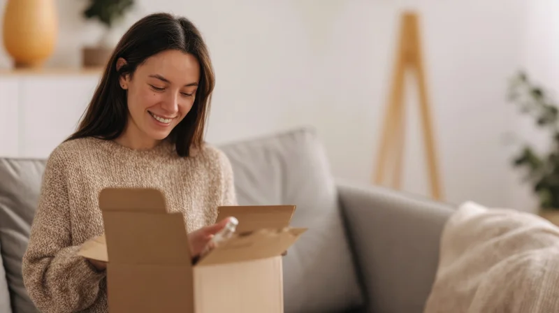 Young woman smiling while unboxing a package on a couch in a living room